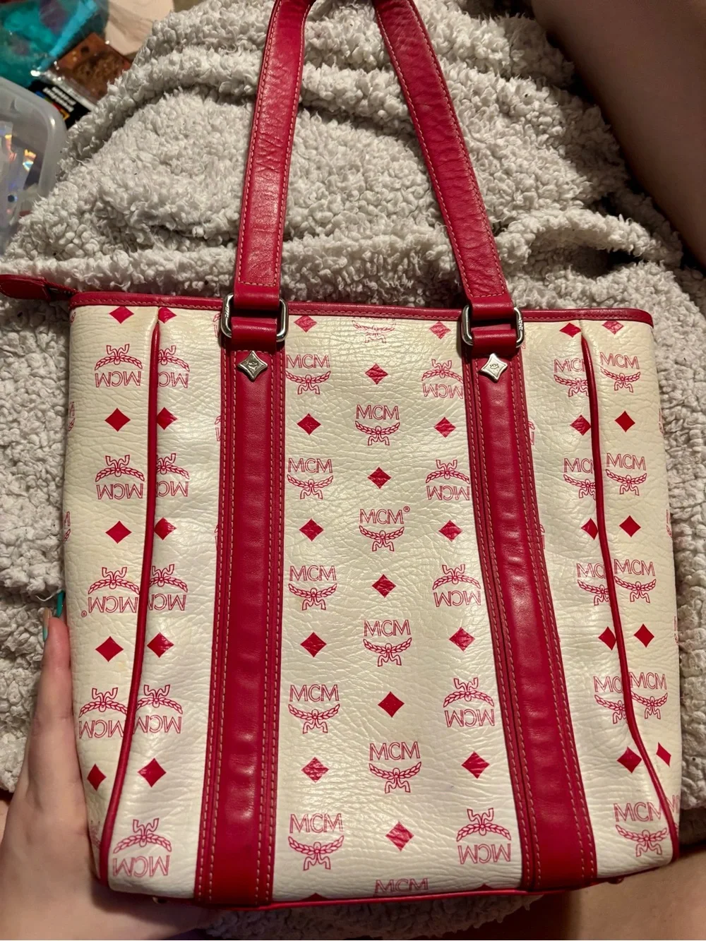 RARE MCM White & Pink Visetos & Leather Vertical Tote Bag
